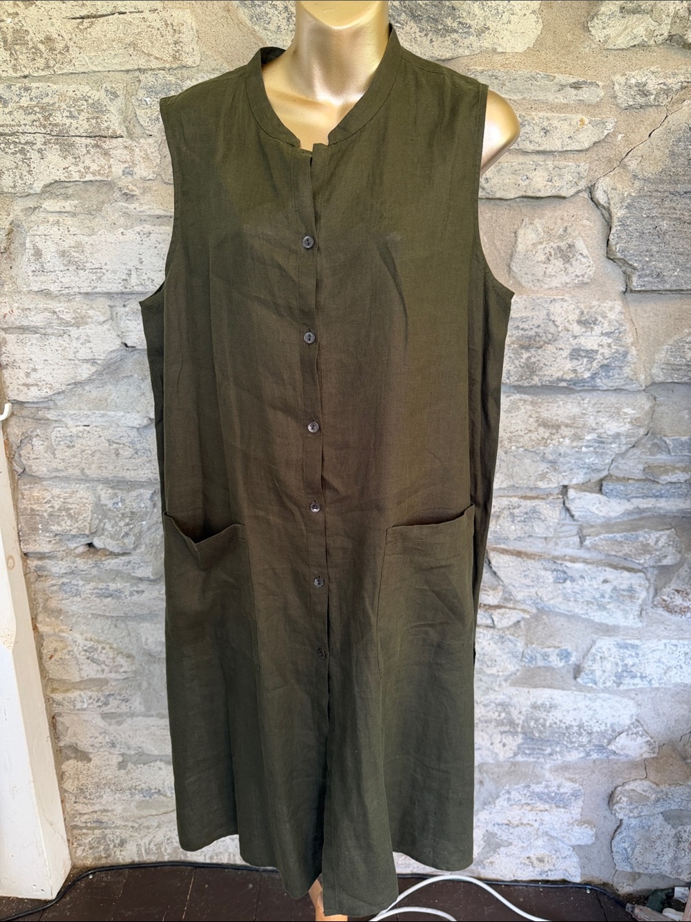Eileen Fisher Olive Green Button-Front Linen Tunic/Dress